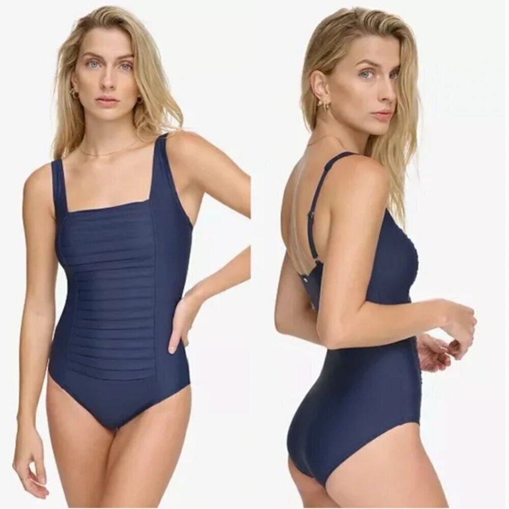 Calvin Klein Pleated Ruched One Piece Swimsuit Navy Size 10